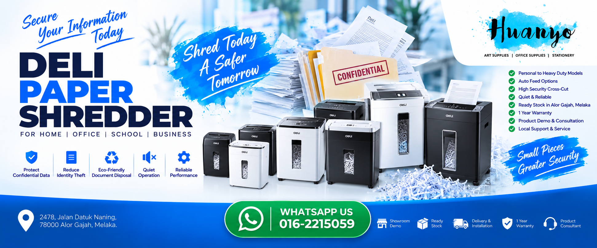 Deli heavy duty high capacity office paper shredder on display at HuanYo Marketing showroom in Alor Gajah Melaka