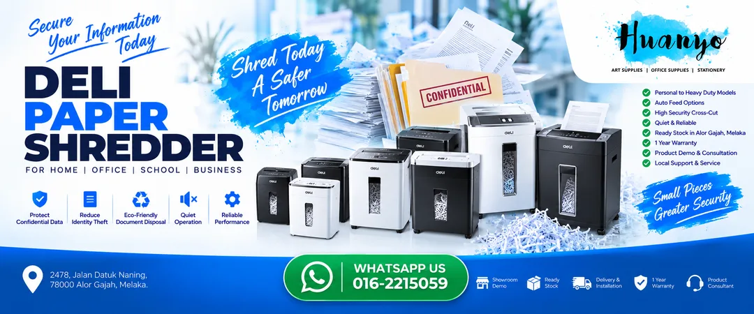 Deli heavy duty high capacity office paper shredder on display at HuanYo Marketing showroom in Alor Gajah Melaka