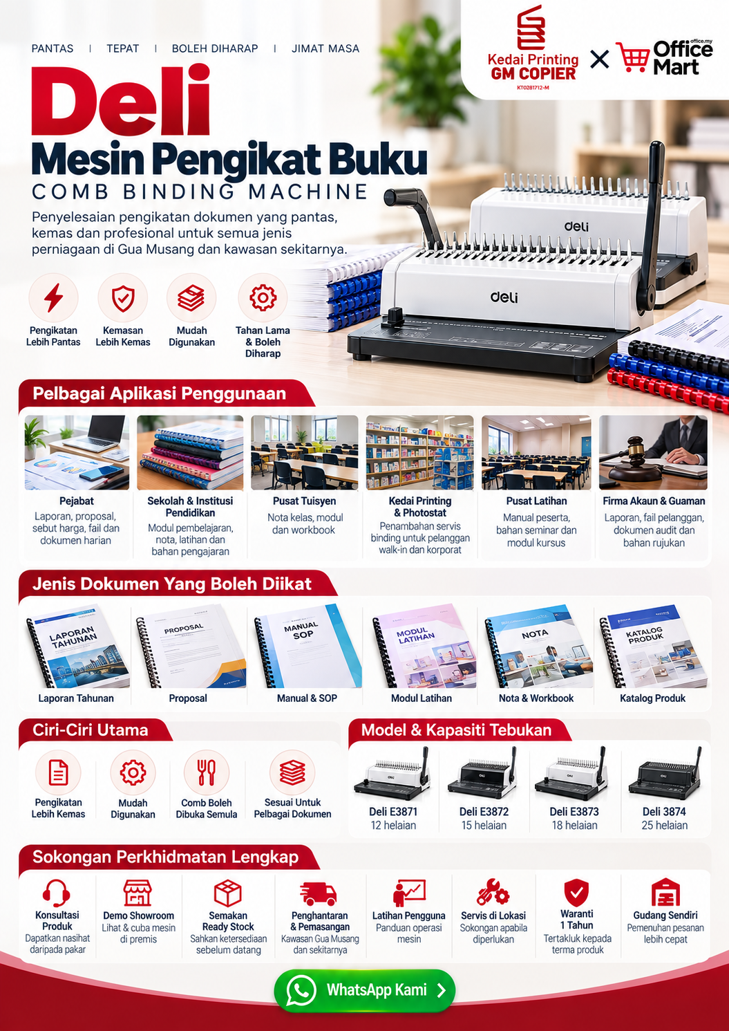 Demonstrasi mesin jilid buku comb binding machine dengan mata pemotong keluli di bilik pameran GM Copier Jalan Persiaran Raya Gua Musang Kelantan