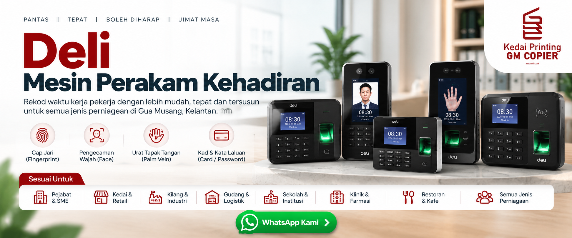 Demonstrasi mesin kehadiran biometrik cap jari muka dan kawalan pintu Deli di bilik pameran GM Copier Jalan Persiaran Raya Gua Musang Kelantan