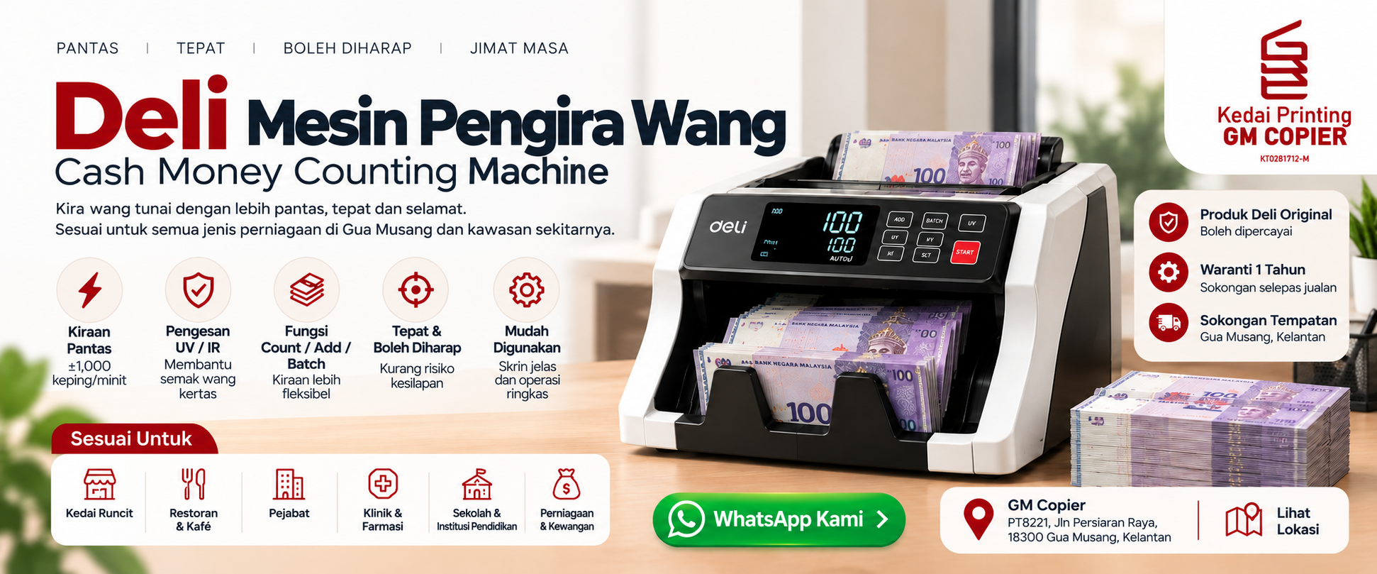 Demonstrasi mesin kira wang kertas dengan pengesan wang palsu UV MG IR di bilik pameran GM Copier Jalan Persiaran Raya Gua Musang Kelantan