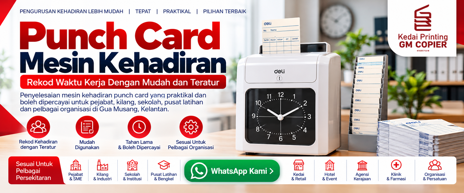 Demonstrasi mesin perakam masa punch card digital dan analog di bilik pameran GM Copier Jalan Persiaran Raya Gua Musang Kelantan