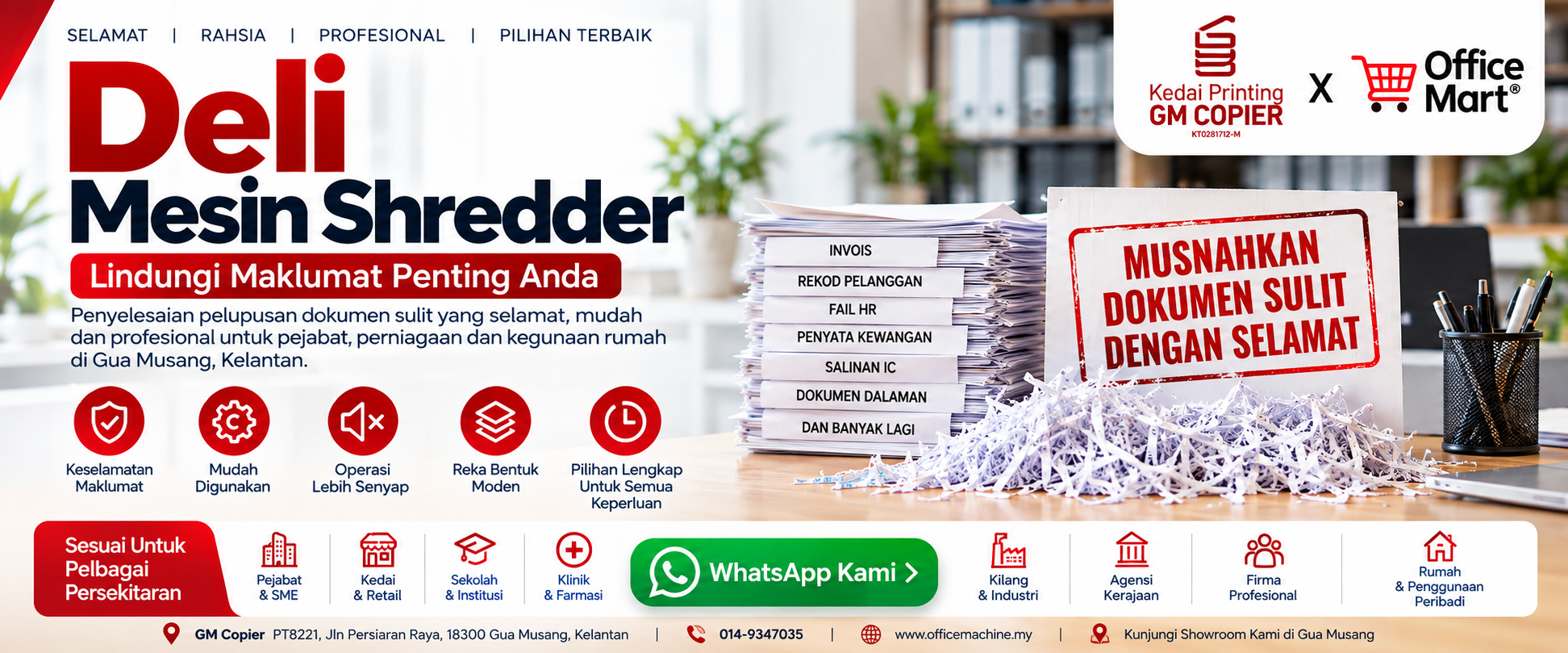 Demonstrasi mesin racik kertas Deli auto feed dan heavy duty di bilik pameran GM Copier Jalan Persiaran Raya Gua Musang Kelantan