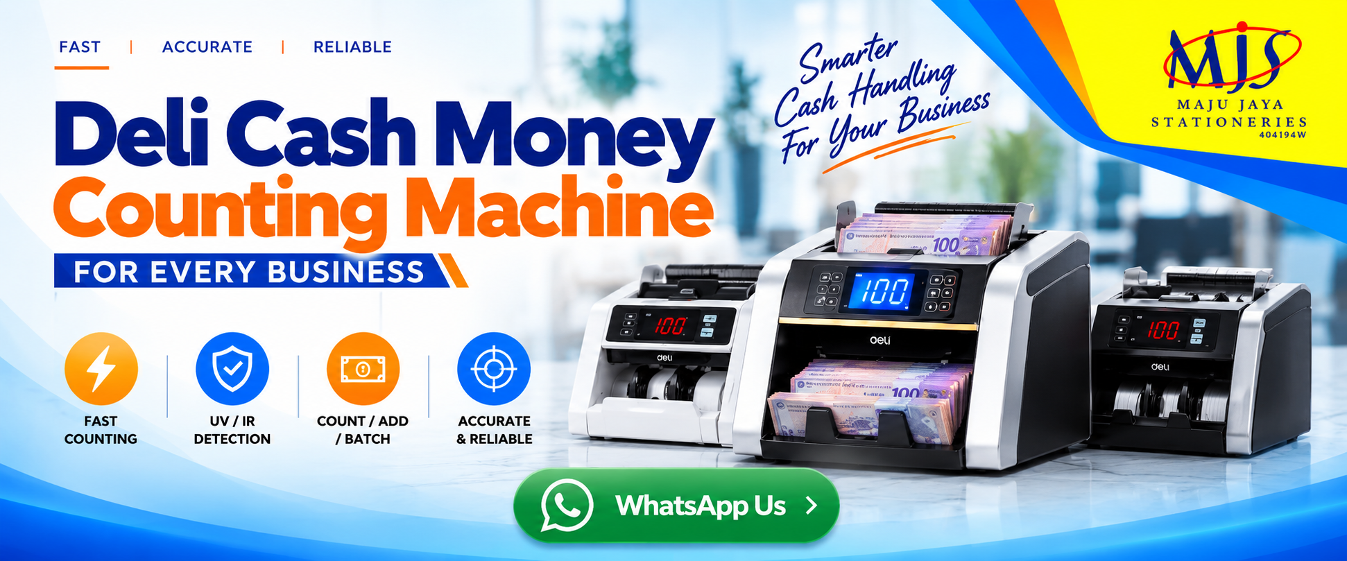 High-speed commercial cash money counting machine with UV and MG counterfeit note detection displayed at Maju Jaya Stationeries showroom in Sri Dagangan Kuantan
