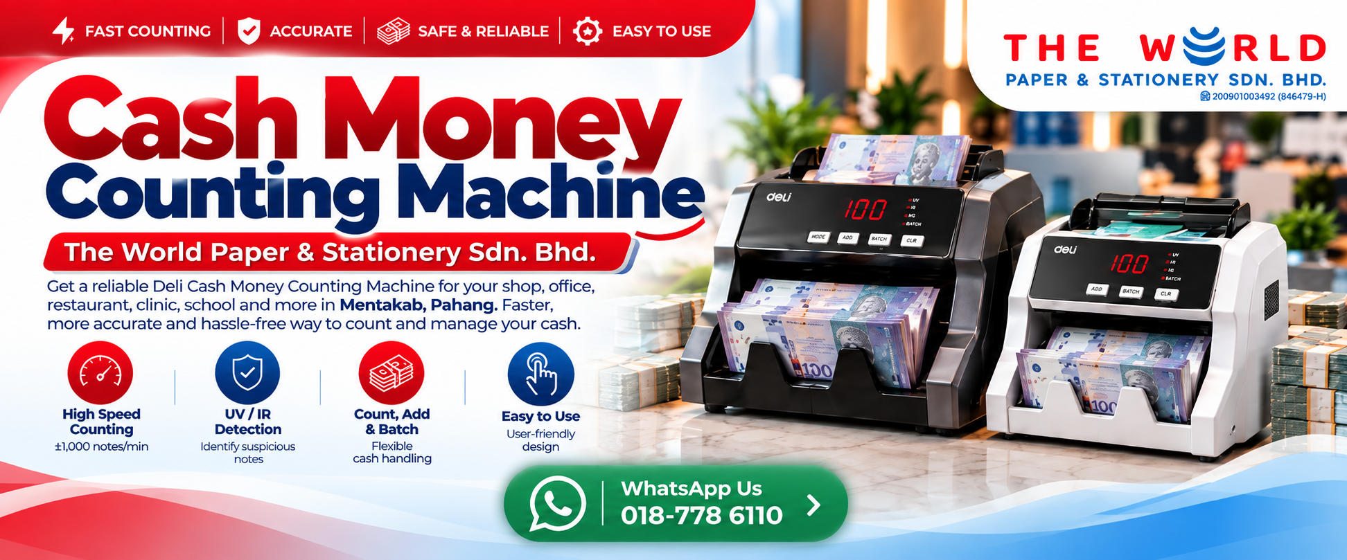Heavy duty banknote money counting machine with UV MG counterfeit detection at The World Paper and Stationery showroom in Mentakab Pahang