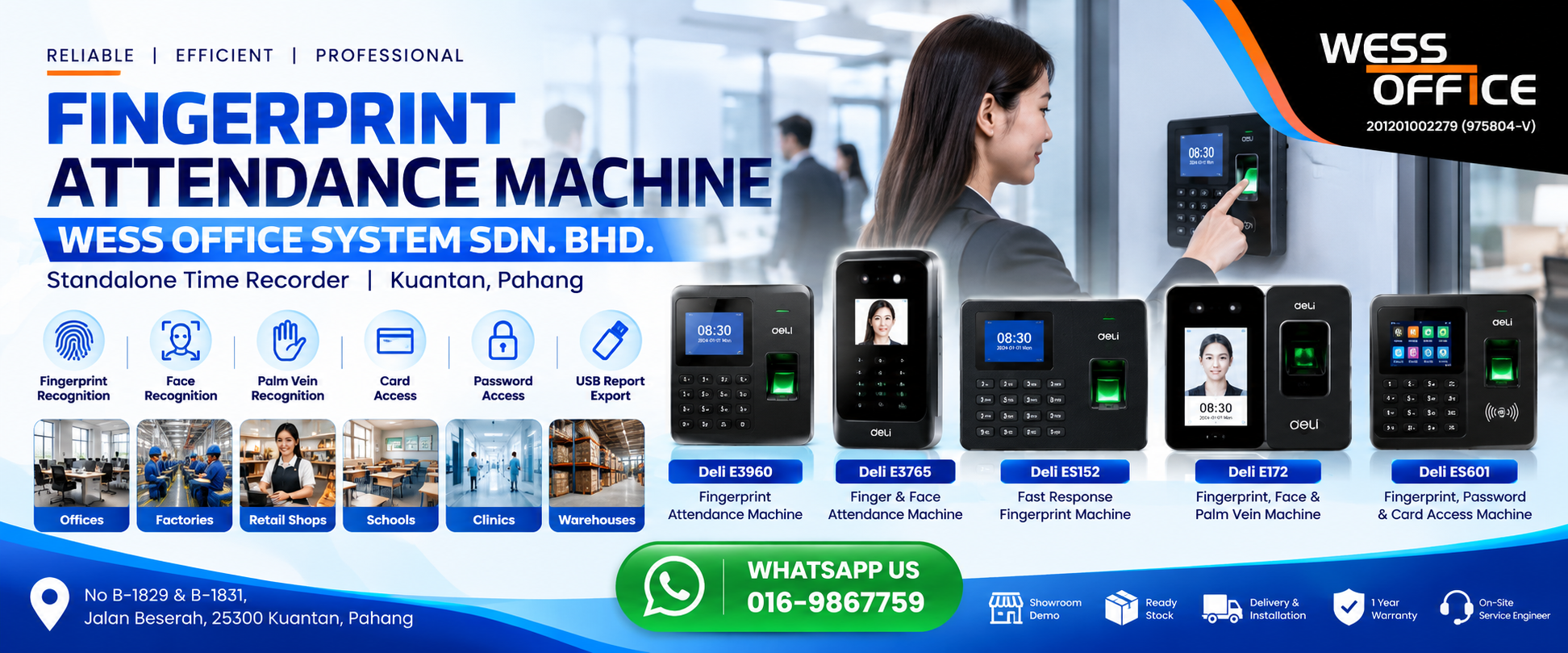 Deli standalone fingerprint and face recognition time attendance machine on display at Wess Office System showroom in Jalan Beserah Kuantan
