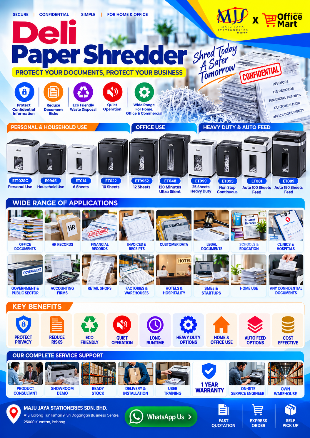 Deli heavy duty paper shredder machines on display at Maju Jaya Stationeries showroom in Sri Dagangan Business Centre Kuantan