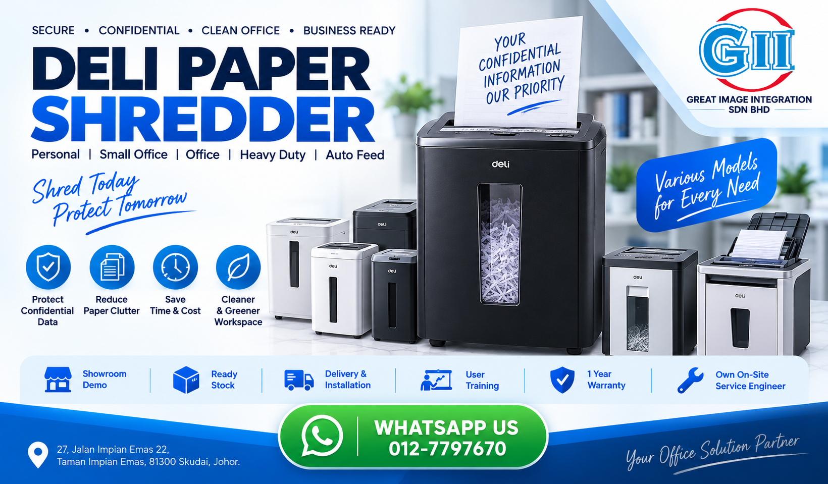 Commercial Deli paper shredder machine with cross cut auto feed technology supplied by Great Image Integration in Taman Impian Emas Skudai