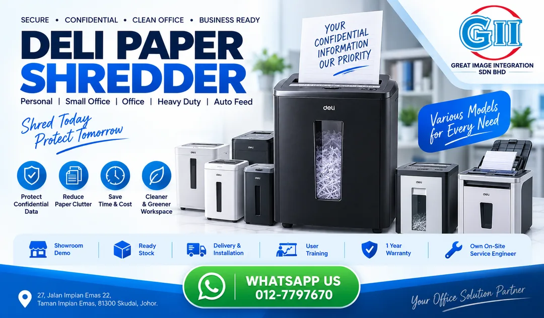 Commercial Deli paper shredder machine with cross cut auto feed technology supplied by Great Image Integration in Taman Impian Emas Skudai