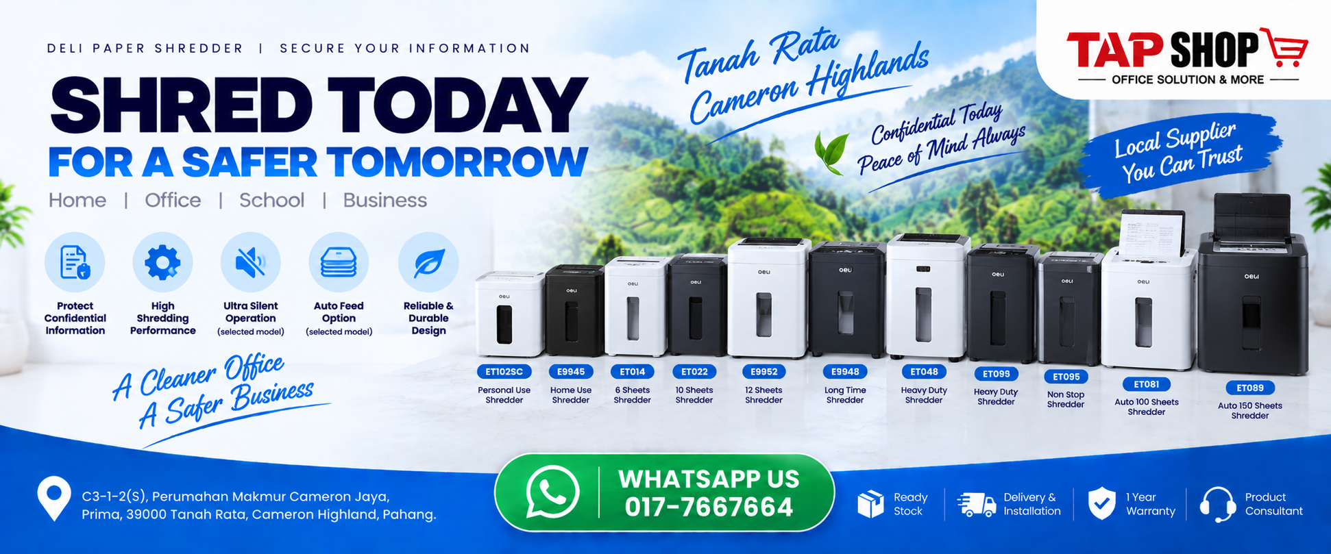 Deli office paper shredders and heavy-duty auto feed shredding machines on display at TAP SHOP showroom in Tanah Rata Cameron Highlands