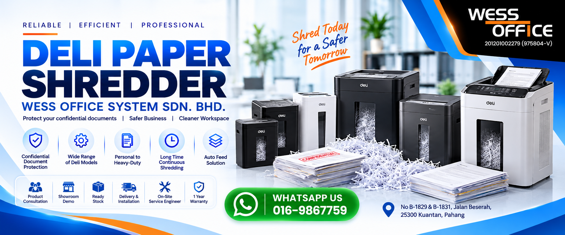 Deli heavy duty continuous non-stop paper shredders displayed at Wess Office System showroom in Jalan Beserah Kuantan