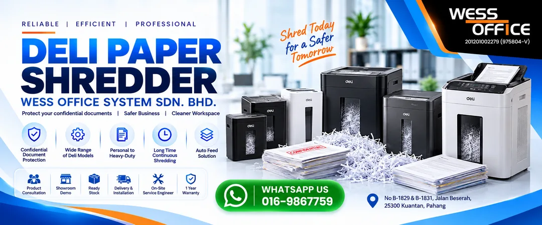 Deli heavy duty continuous non-stop paper shredders displayed at Wess Office System showroom in Jalan Beserah Kuantan