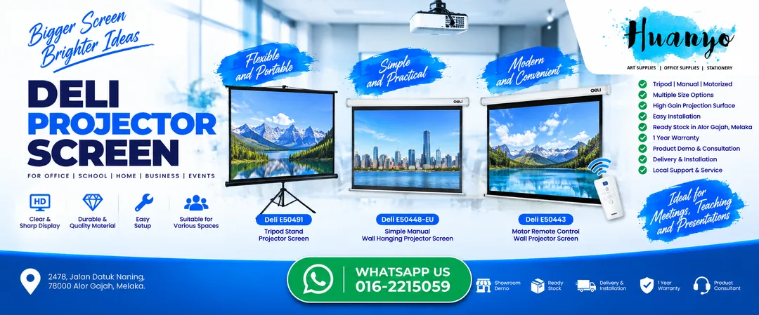 Deli motorized remote control wall projector screen installed in meeting room by HuanYo Marketing Alor Gajah Melaka