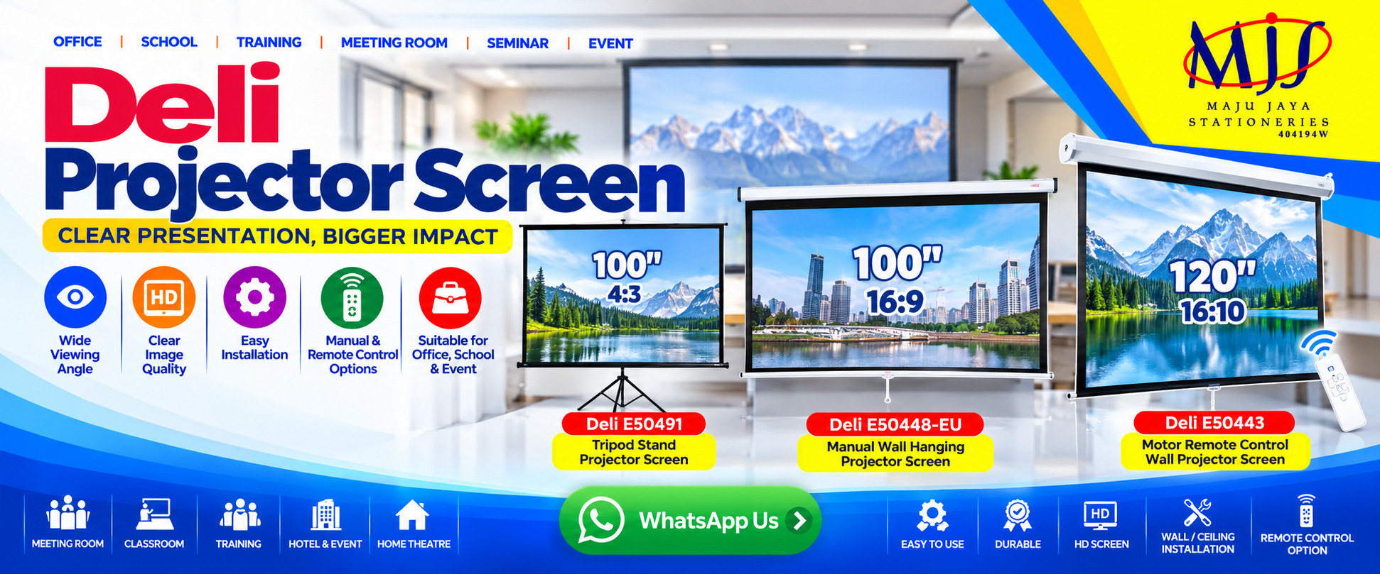 Deli portable tripod stand, manual pull-down, and motorized remote control projector screens on display at Maju Jaya Stationeries showroom in Sri Dagangan Kuantan