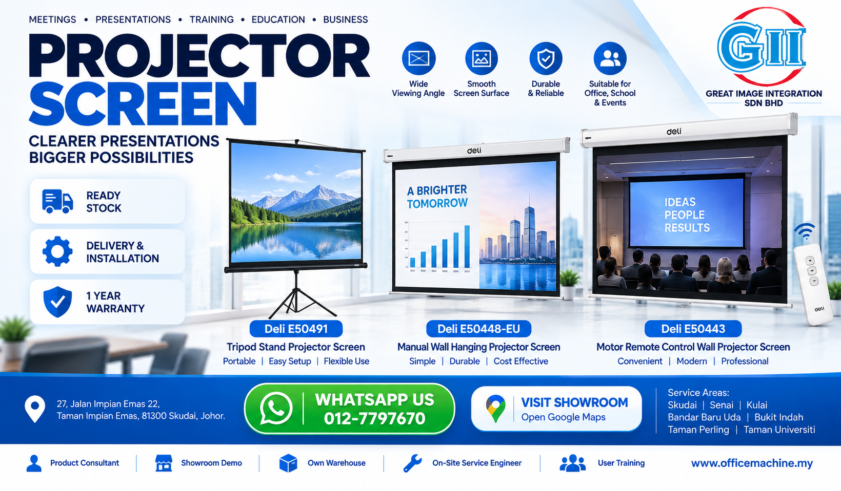 Deli motorized wall mounted projector screen with wireless remote control supplied by Great Image Integration in Taman Impian Emas Skudai