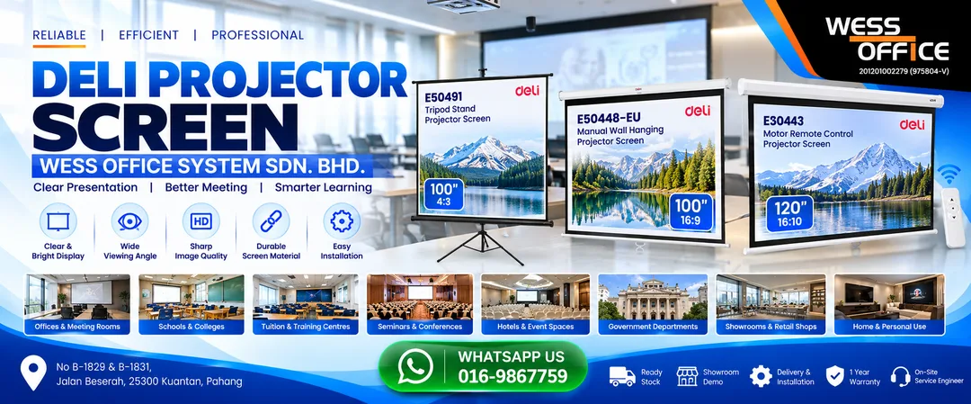 Deli motorized remote control wall projector screen and portable tripod projector screen on display at Wess Office System showroom in Jalan Beserah Kuantan