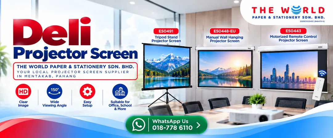 Deli motorized and tripod projector screens displayed at The World Paper and Stationery showroom in Mentakab Pahang