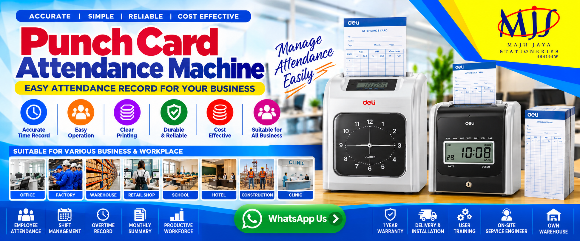 Deli electronic punch card attendance machines and time card racks on display at Maju Jaya Stationeries showroom in Sri Dagangan Business Centre Kuantan