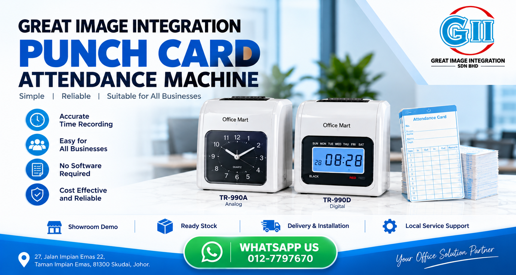 Pneumatic and digital time punch card attendance machine supplied by Great Image Integration in Taman Impian Emas Skudai