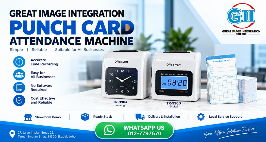 Pneumatic and digital time punch card attendance machine supplied by Great Image Integration in Taman Impian Emas Skudai