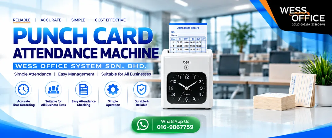 Heavy-duty digital and analog punch card attendance machines displayed at Wess Office System showroom in Jalan Beserah Kuantan