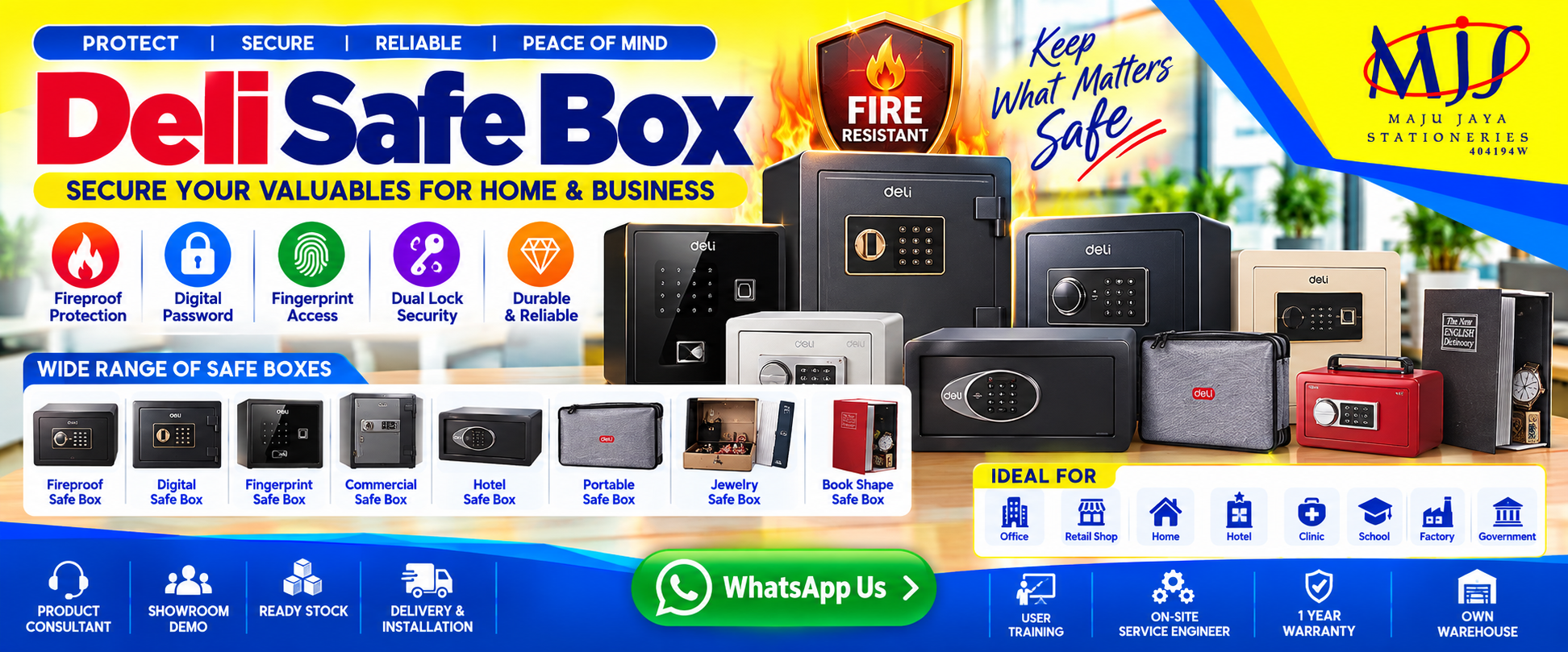 Deli fireproof, fingerprint, and commercial safe boxes on display at Maju Jaya Stationeries showroom in Sri Dagangan Business Centre Kuantan
