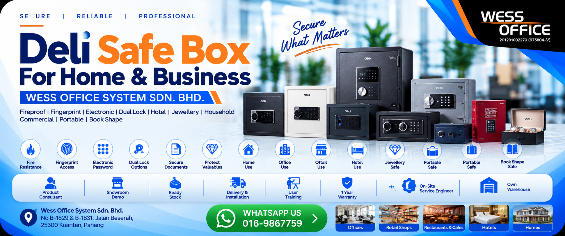 Deli fireproof, fingerprint, and commercial safe boxes on display at Wess Office System showroom in Jalan Beserah Kuantan