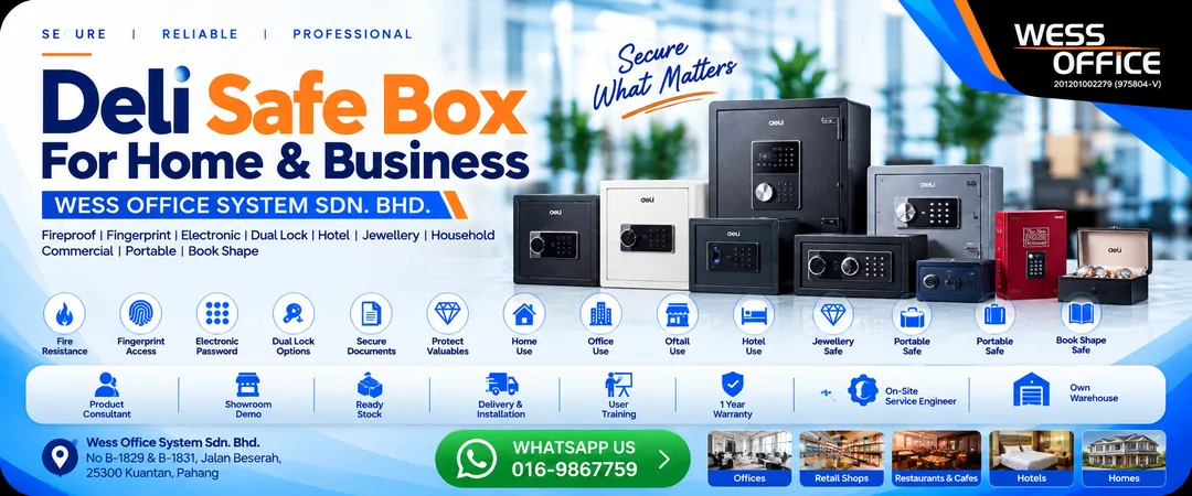 Deli fireproof, fingerprint, and commercial safe boxes on display at Wess Office System showroom in Jalan Beserah Kuantan