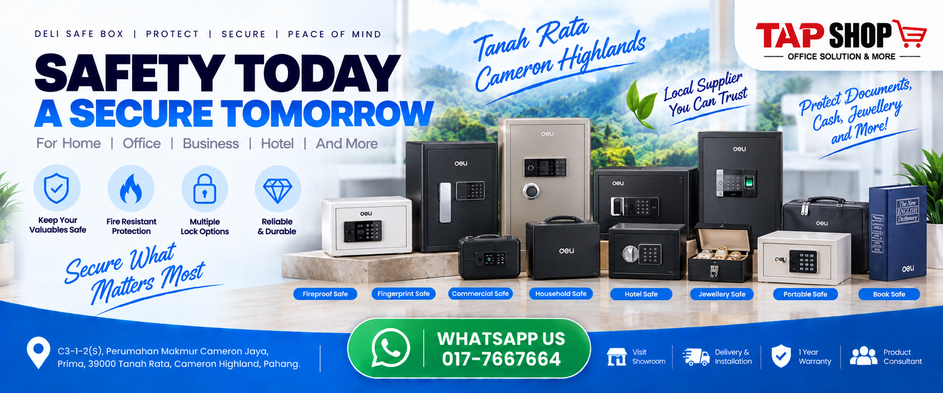 Deli fireproof and commercial electronic fingerprint safe boxes on display at TAP SHOP showroom in Tanah Rata Cameron Highlands