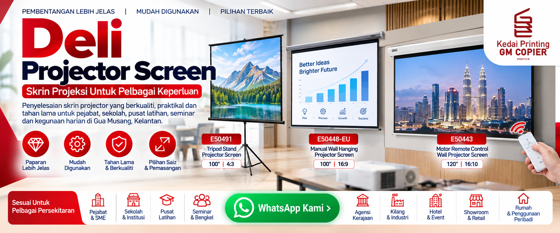 Demonstrasi skrin projektor Deli bermotor dan tripod di bilik pameran GM Copier Jalan Persiaran Raya Gua Musang Kelantan