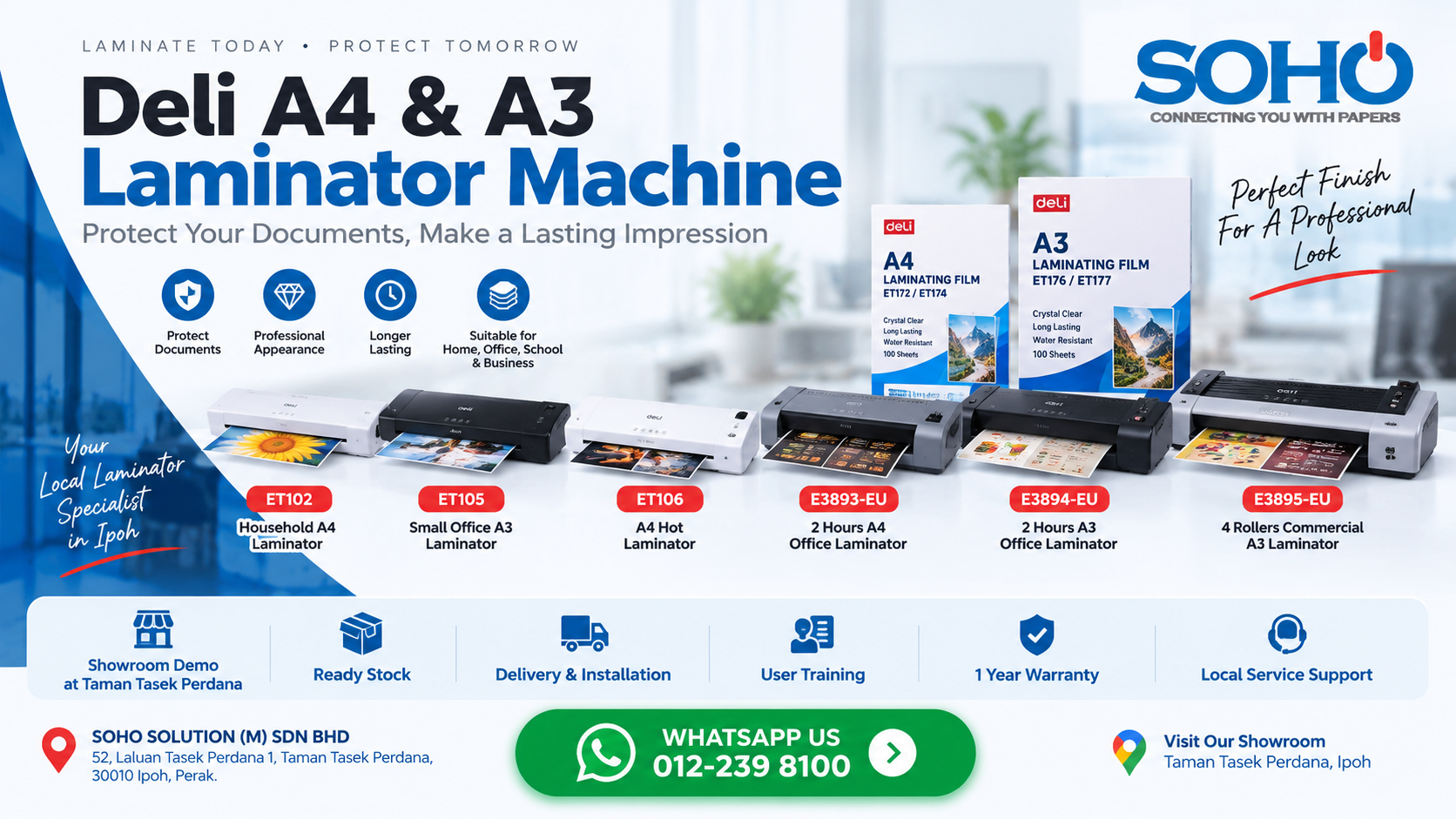 Standalone heavy duty Deli A4 and A3 thermal laminating machines and pouch films supplied by SOHO SOLUTION (M) SDN BHD in Taman Tasek Perdana Ipoh Perak.