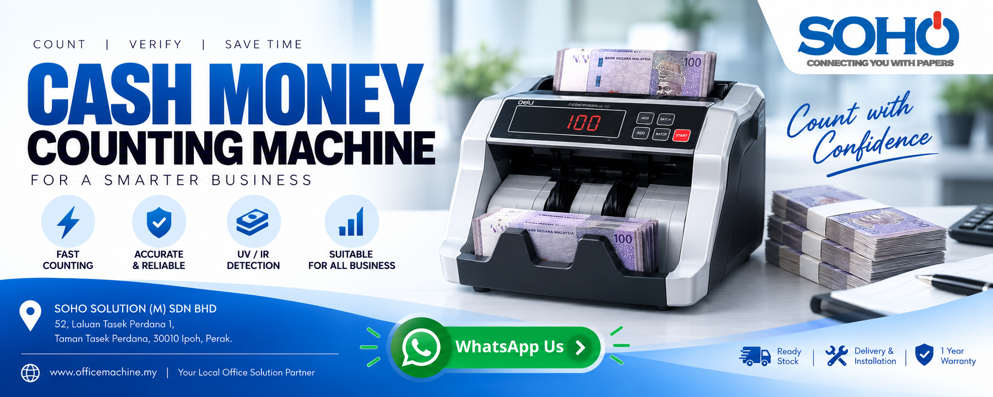 Professional high-speed cash money counting machine with UV MG IR fake note counterfeit detection supplied by SOHO SOLUTION (M) SDN BHD in Taman Tasek Perdana Ipoh Perak.