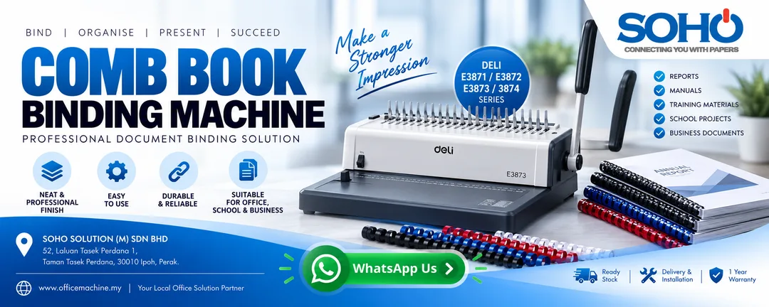 Professional heavy-duty plastic comb book binding machine with adjustable depth margin control and disengageable punching pins supplied by SOHO SOLUTION (M) SDN BHD in Taman Tasek Perdana Ipoh Perak.