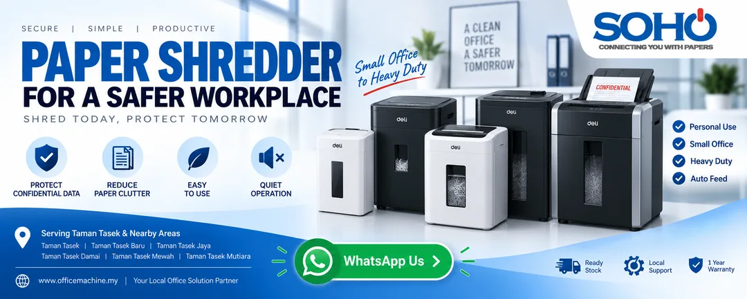 Deli paper shredder lineup including personal, heavy duty, auto feed, and continuous operation models supplied by SOHO SOLUTION (M) SDN BHD in Taman Tasek Perdana Ipoh Perak.