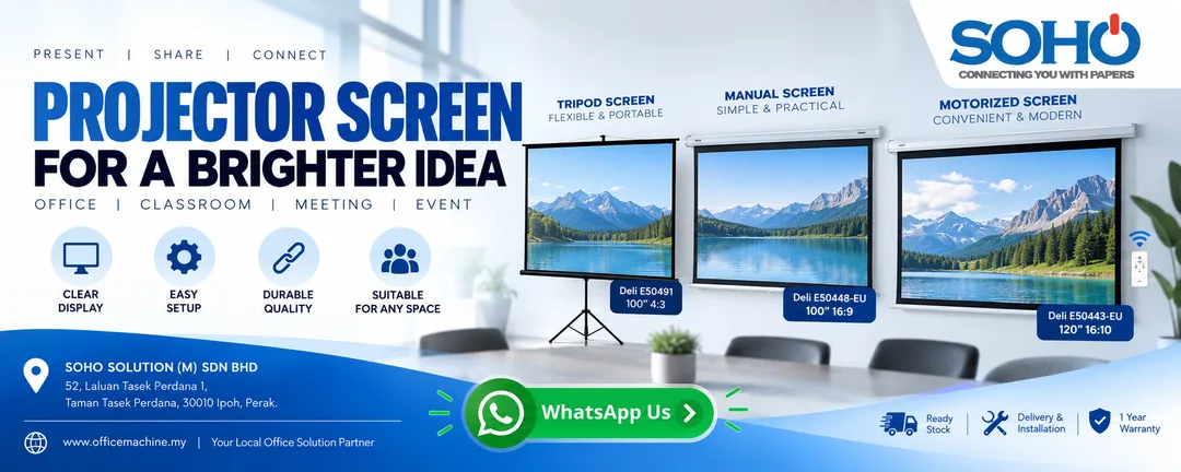 Official Deli projector screens including Tripod Stand E50491, Manual Wall E50448-EU, and Motorized Remote Control E50443 supplied by SOHO SOLUTION (M) SDN BHD in Taman Tasek Perdana Ipoh Perak.