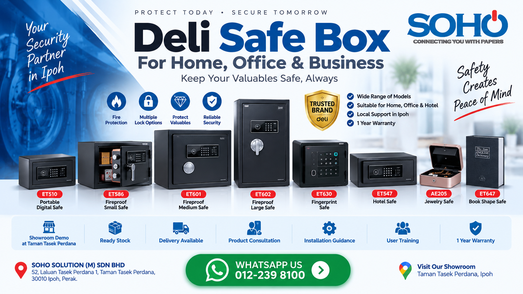 Comprehensive range of Deli fireproof, fingerprint, electronic keypad, and dual-lock security safe boxes displayed at SOHO SOLUTION (M) SDN BHD showroom in Taman Tasek Perdana Ipoh Perak.