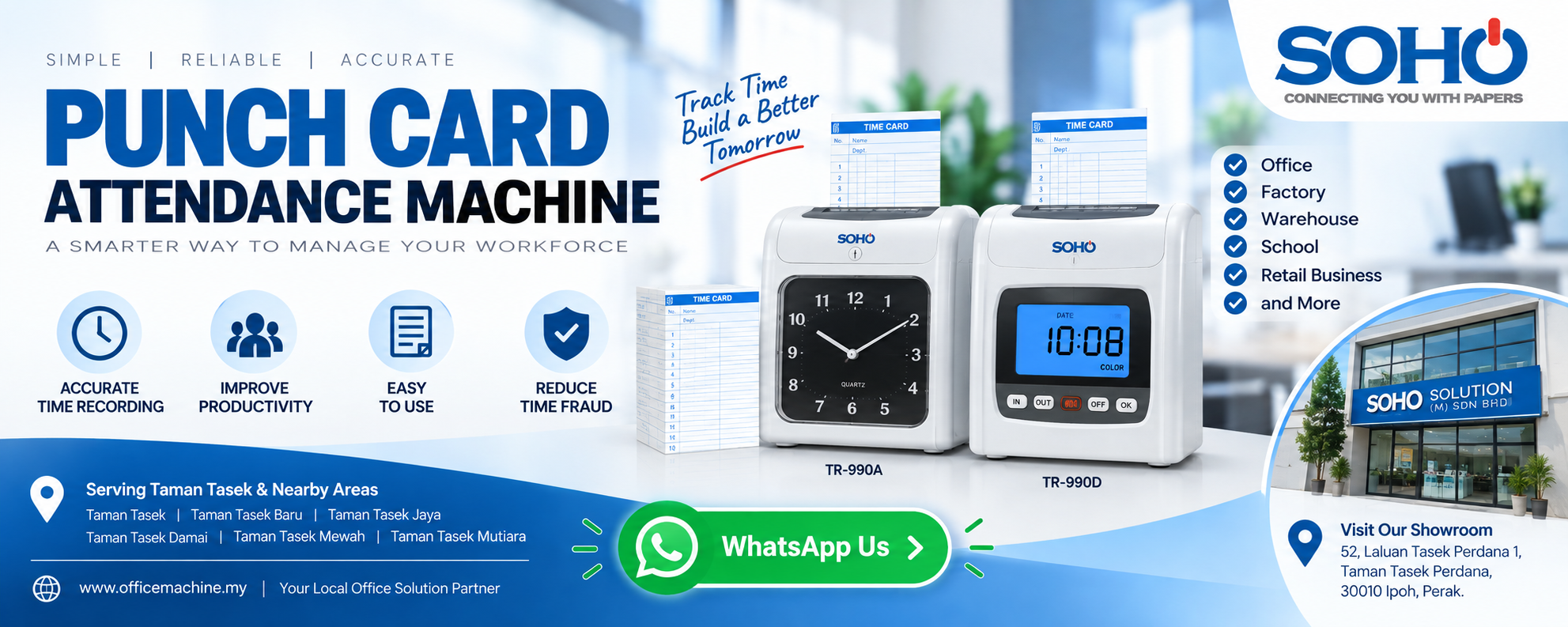 Office Mart TR-990A Analog and TR-990D Digital punch card attendance machine supplier SOHO SOLUTION (M) SDN BHD in Taman Tasek Perdana Ipoh Perak.