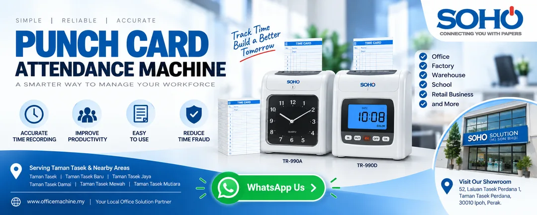 Office Mart TR-990A Analog and TR-990D Digital punch card attendance machine supplier SOHO SOLUTION (M) SDN BHD in Taman Tasek Perdana Ipoh Perak.