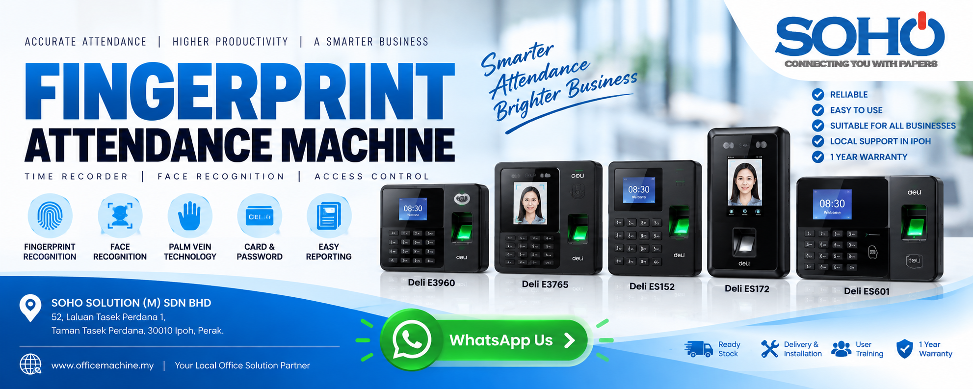 Standalone Deli fingerprint face and palm vein time attendance machine with door access control supplied by SOHO SOLUTION (M) SDN BHD in Taman Tasek Perdana Ipoh Perak.