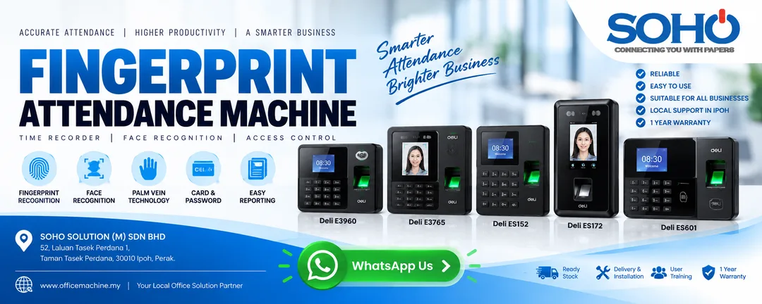 Standalone Deli fingerprint face and palm vein time attendance machine with door access control supplied by SOHO SOLUTION (M) SDN BHD in Taman Tasek Perdana Ipoh Perak.