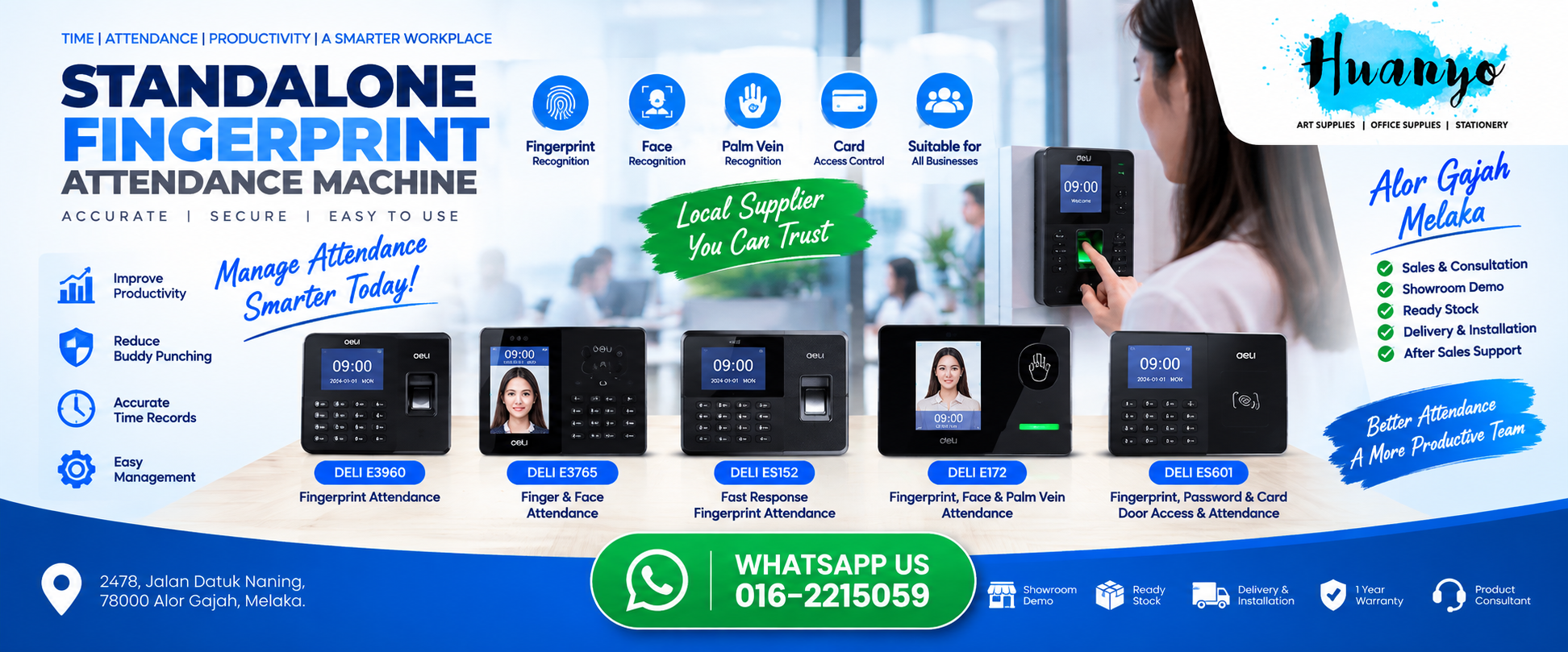 Deli standalone fingerprint and face recognition time attendance machine on display at HuanYo Marketing showroom in Alor Gajah Melaka