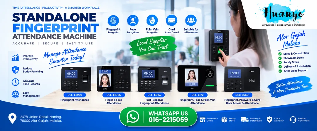 Deli standalone fingerprint and face recognition time attendance machine on display at HuanYo Marketing showroom in Alor Gajah Melaka