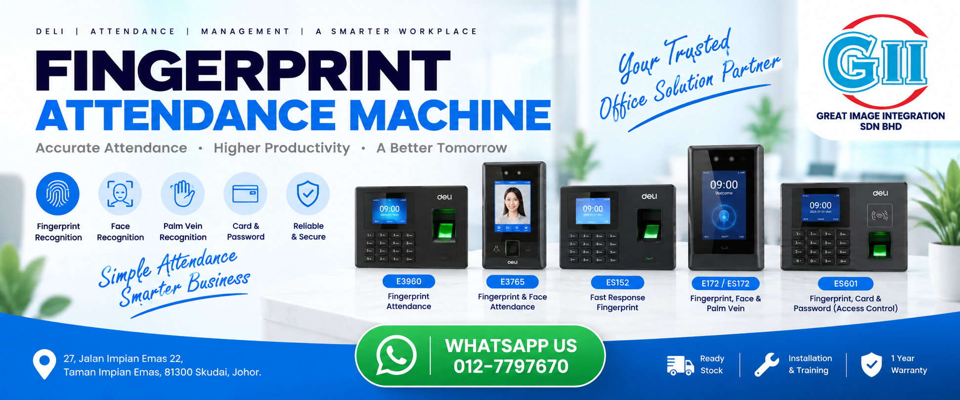 Deli standalone biometric fingerprint and face recognition time attendance machine supplied by Great Image Integration in Taman Impian Emas Skudai