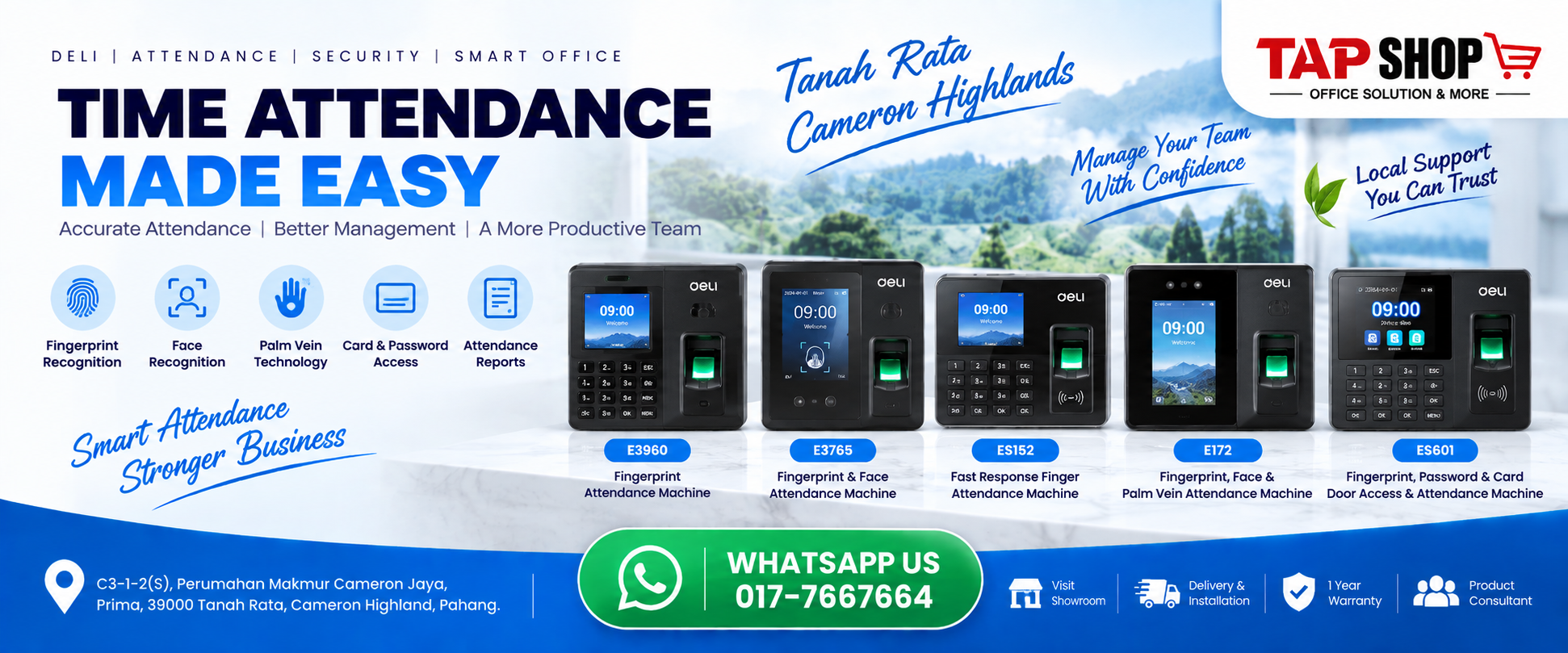 Deli biometric fingerprint and face recognition attendance machines on display at TAP SHOP showroom in Tanah Rata Cameron Highlands