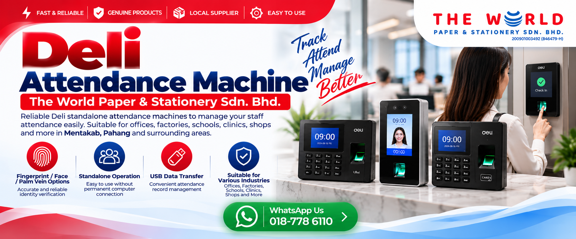 Deli standalone fingerprint and face recognition time attendance machine at The World Paper and Stationery showroom in Mentakab Pahang