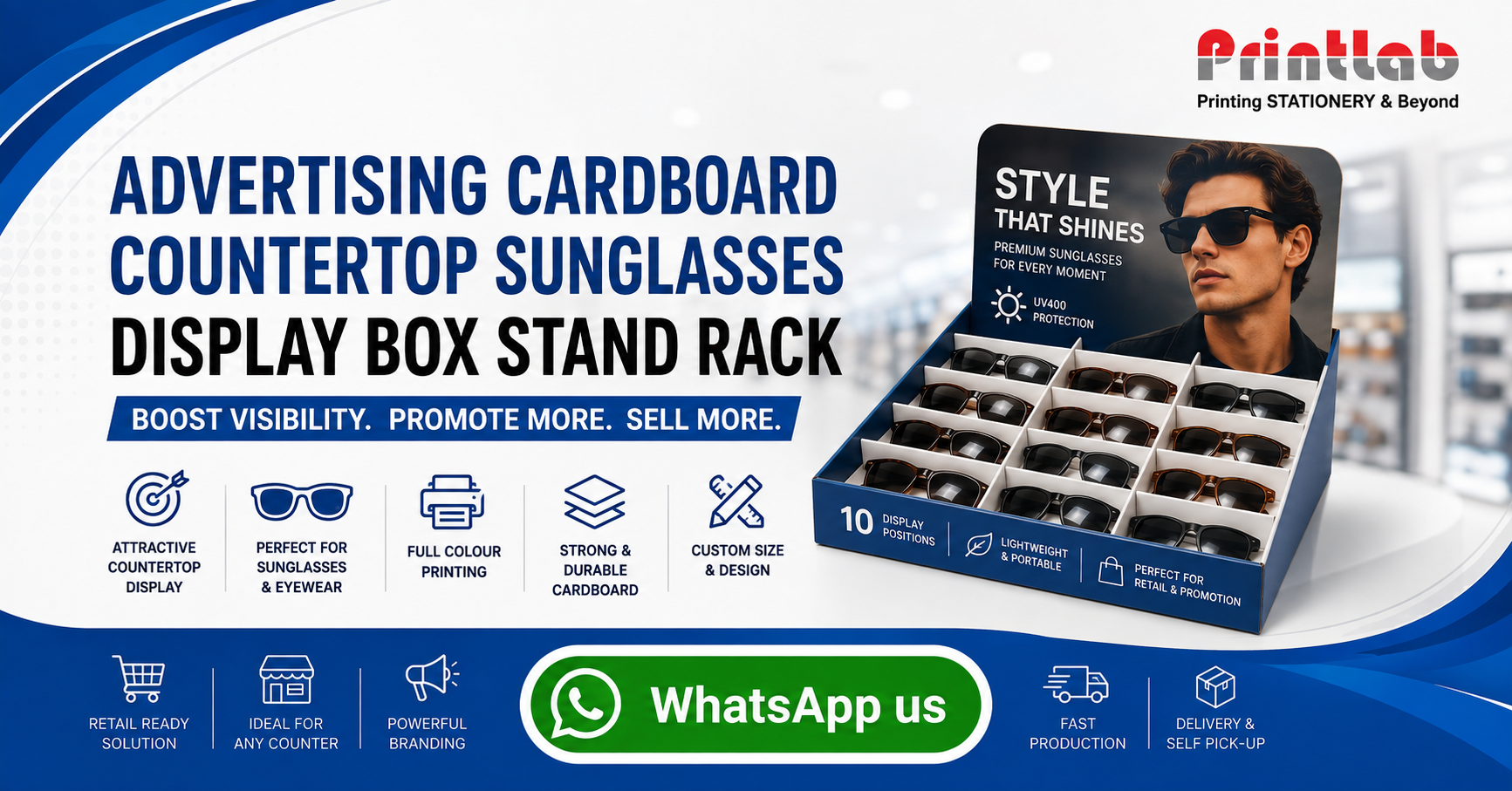 Custom printed advertising cardboard countertop sunglasses display box stand rack PDQ with high-definition CMYK digital printing, custom slot inserts, and durable corrugated board structure manufactured by Printlab Marketing Sdn Bhd in Ara Damansara Petaling Jaya.