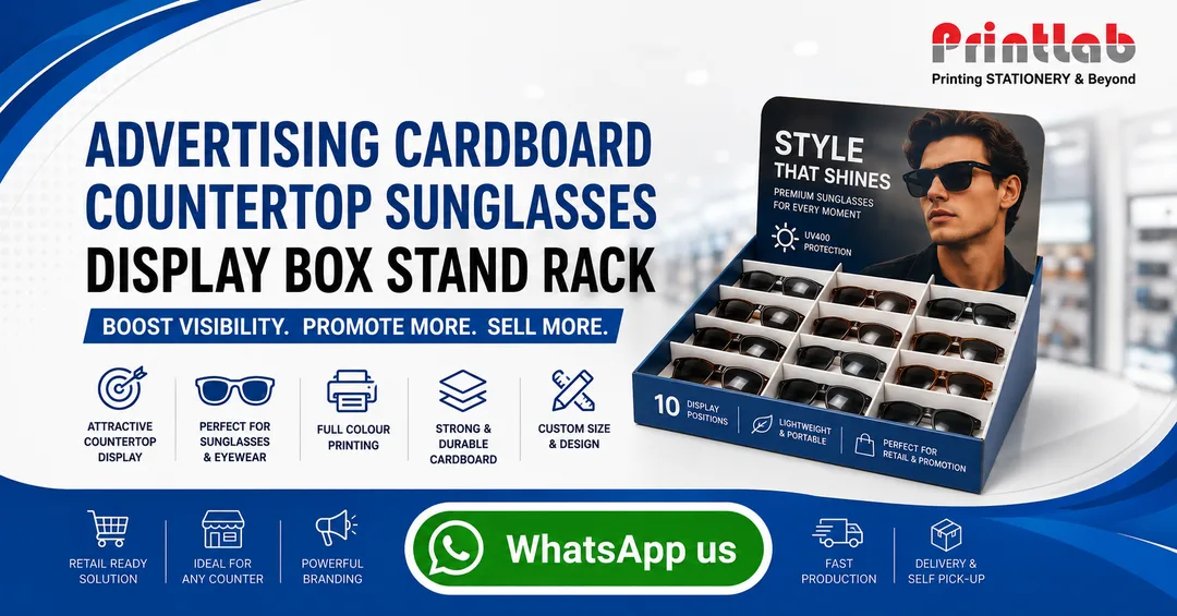 Custom printed advertising cardboard countertop sunglasses display box stand rack PDQ with high-definition CMYK digital printing, custom slot inserts, and durable corrugated board structure manufactured by Printlab Marketing Sdn Bhd in Ara Damansara Petaling Jaya.