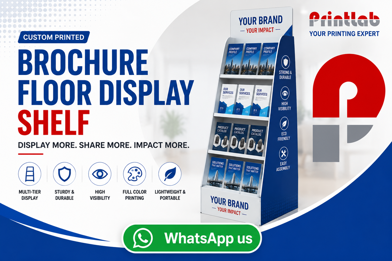 Custom printed cardboard brochure floor display shelf with multi tier pockets engineered by Printlab Marketing Sdn Bhd in Ara Damansara Petaling Jaya.