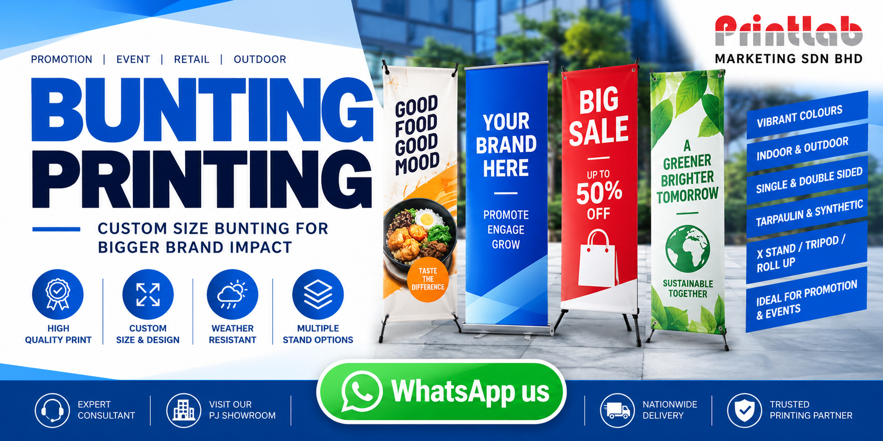 Custom printed advertising bunting with PVC pipes and strings manufactured by Printlab Marketing Sdn Bhd in Ara Damansara Petaling Jaya.