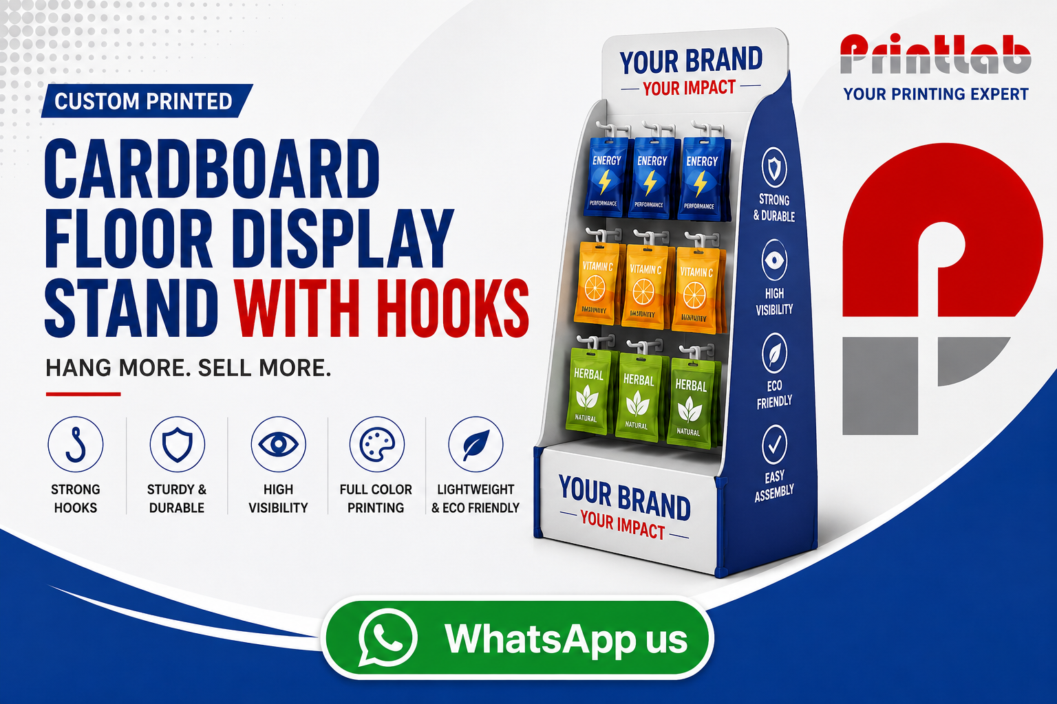 Custom printed corrugated cardboard floor display stand with metal plastic hanging hooks engineered by Printlab Marketing Sdn Bhd in Ara Damansara Petaling Jaya.